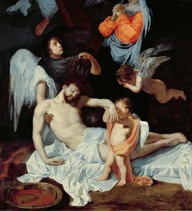 Christ at the foot of the cross, mourned by the Virgin and angels 
